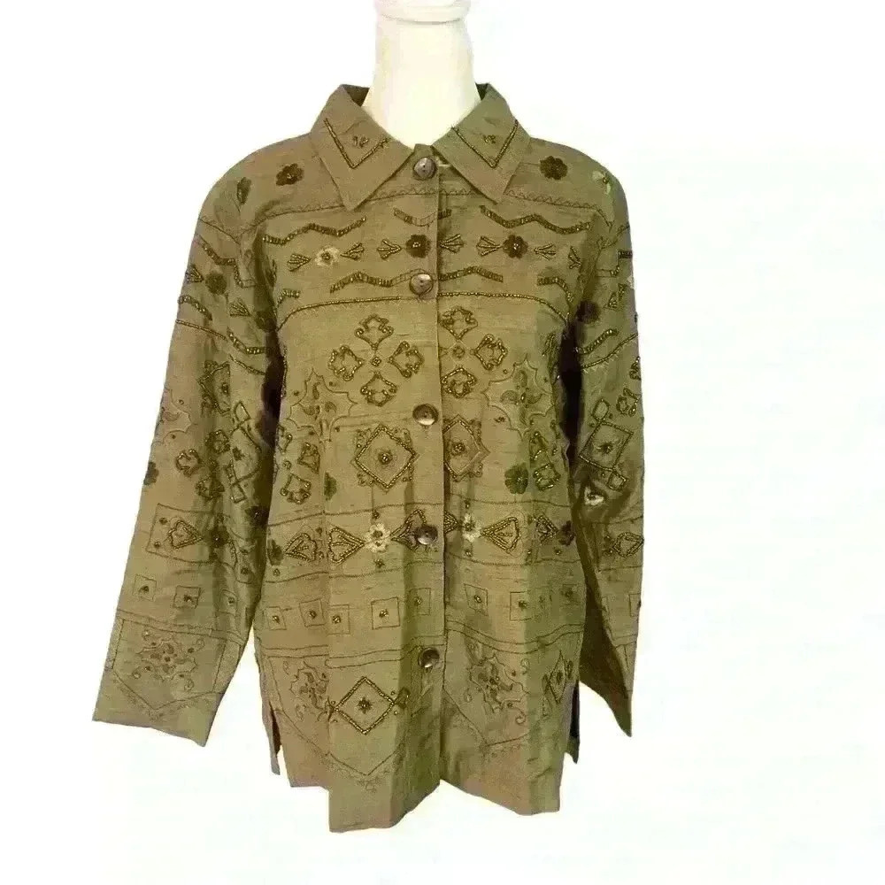 Vintage Laura Ashley Silk Beaded Jacket Size S Olive Green Boho Casual - Picture 2 of 8
